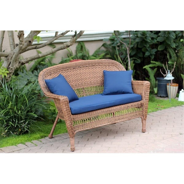 Jeco Honey Wicker Patio Love Seat With Blue Cushion And Pillows W00205-L-FS011-CL - main